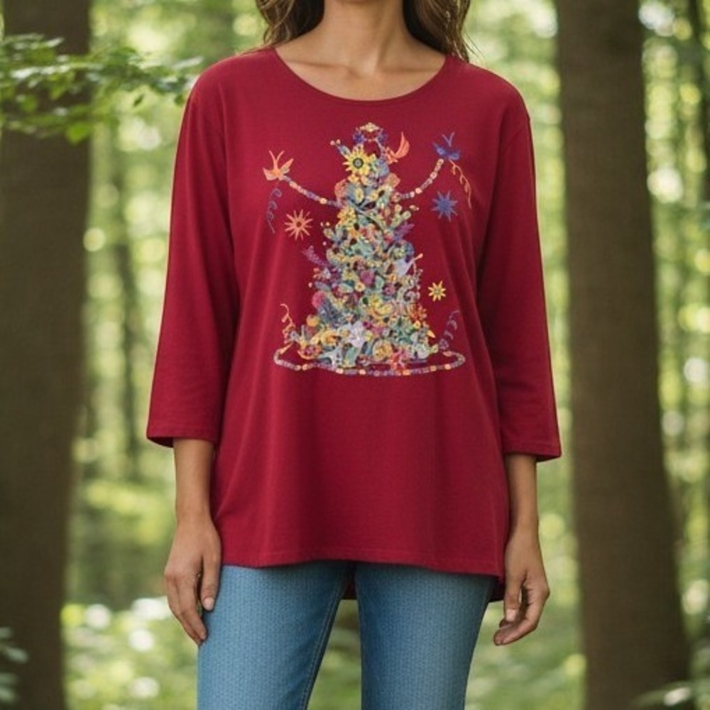Sabaku Artwear Womens Tunic 1X Cotton Christmas Tree USA Art to Wear Whimsical